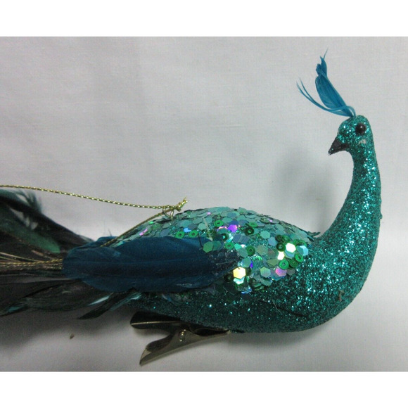 Teal Blue Glitter Sequins Peacock REAL Feather Tail Ornament Decor Holiday - Picture 2 of 6